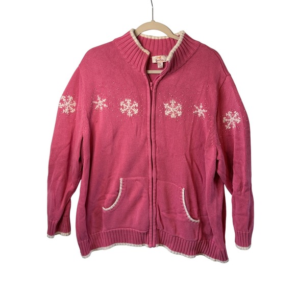 Quacker Factory Sweaters - VTG Quacker Factory Zip Cardigan Pink Snowflake Grandmacore Bead Cotton 2X Women